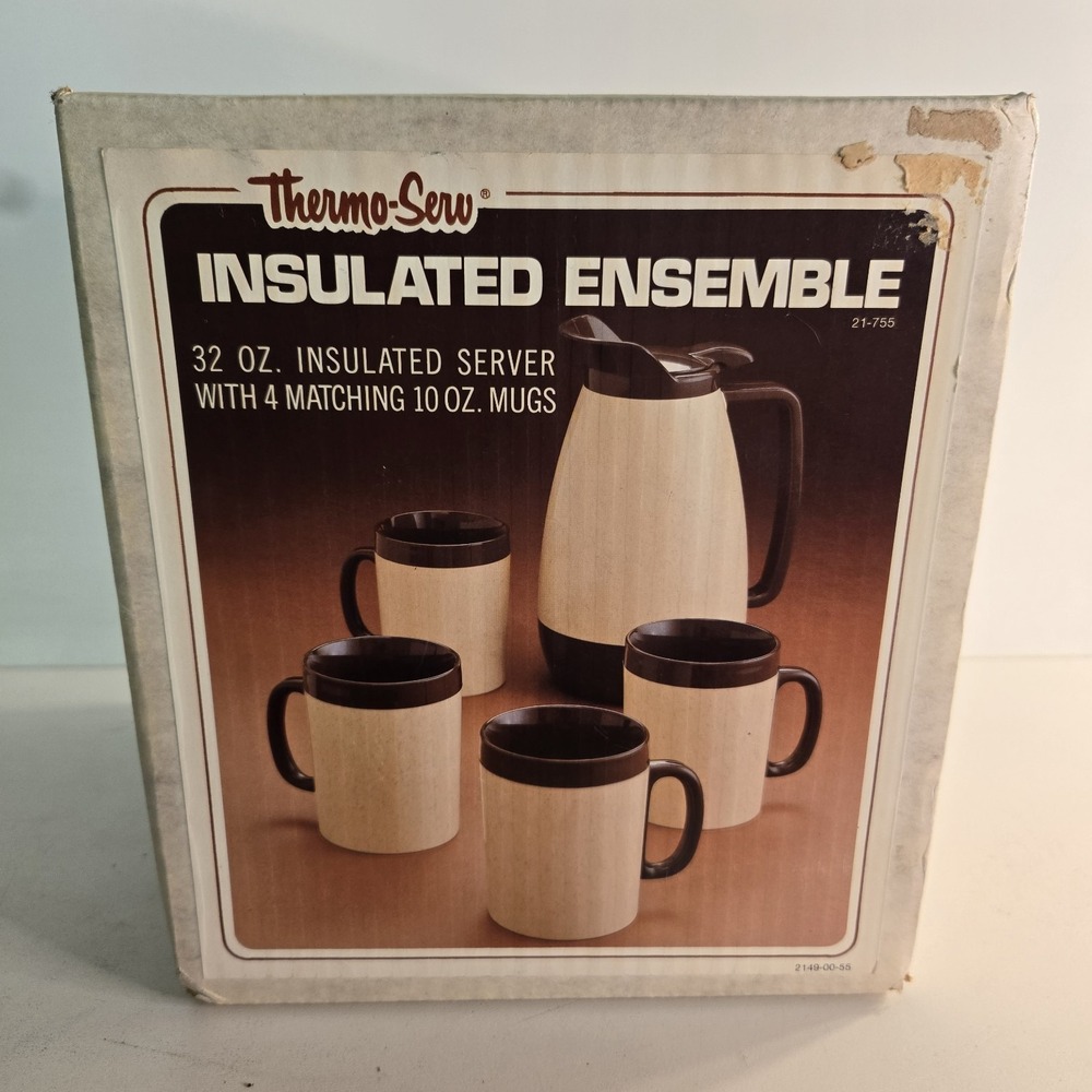 Thermo Serv Insulated Carafe with 4 Matching Coffee Tea Cups Set In Beige NEW